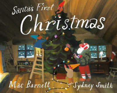 Santa's First Christmas picture book with illustration of Santa decorating a tree.