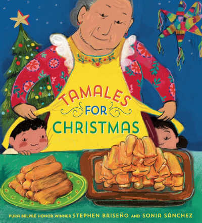 Tamales for Christmas picture book with illustration of grandma and plate of tamales.